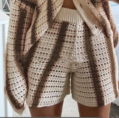 Autumn Casual Striped Openwork Knitted Cardigan Women's Jacket