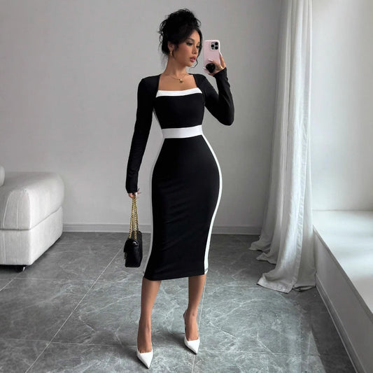 Women's Fashion Elegant Slim Fit Square Collar Long Sleeve Narrow Stitching Temperament Dress