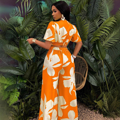 Women's Wear Tropical Printing Pleated Butterfly Sleeve Top Drawstring Wide Leg Trousers Suit
