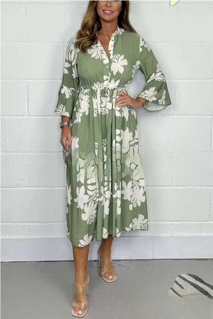 Elegant Printed Stand-up Collar Cinched Long Sleeve Dress