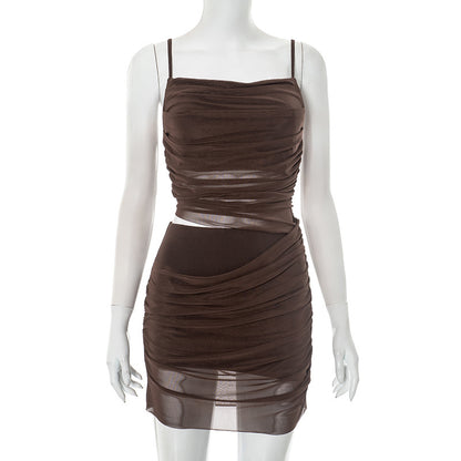 European And American Solid Color Sling Stitching Mesh Sexy Dress