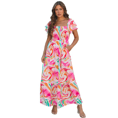 European And American Fashion All-match Abstract Printing High Waist Dress