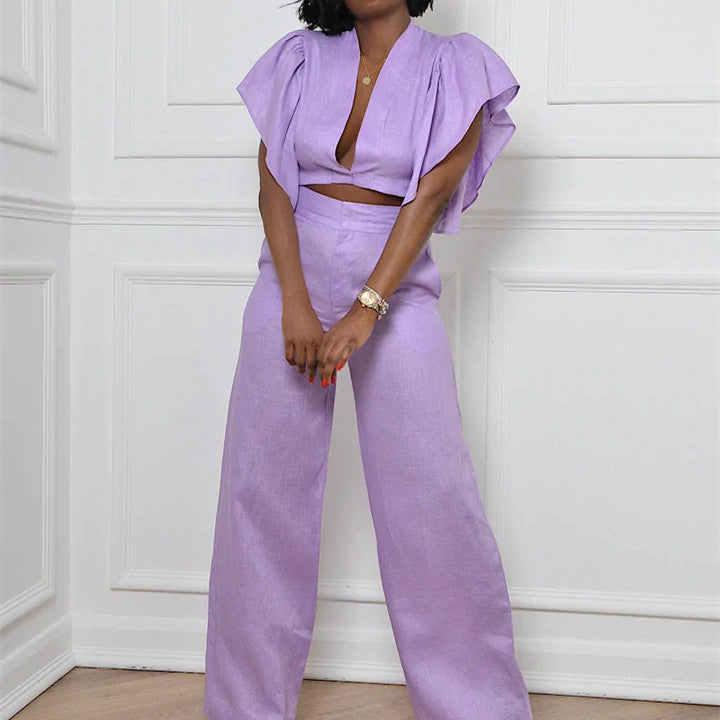 Women's Temperament Casual V-neck Linen Sleeve Pants Set