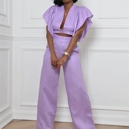 Women's Temperament Casual V-neck Linen Sleeve Pants Set