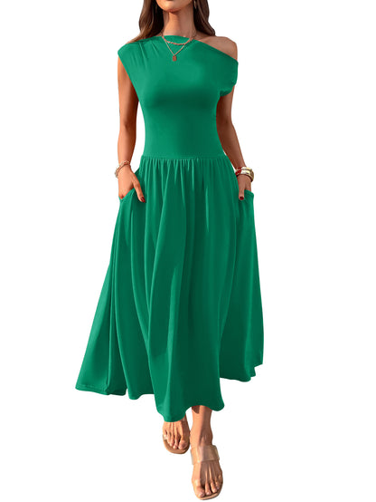 Slant Shoulder Sexy Waist Trimming Long With Pocket Dress