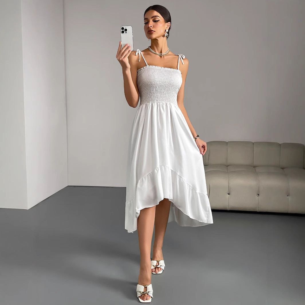 White Suspender Sleeveless Pleated Irregular Long Dress