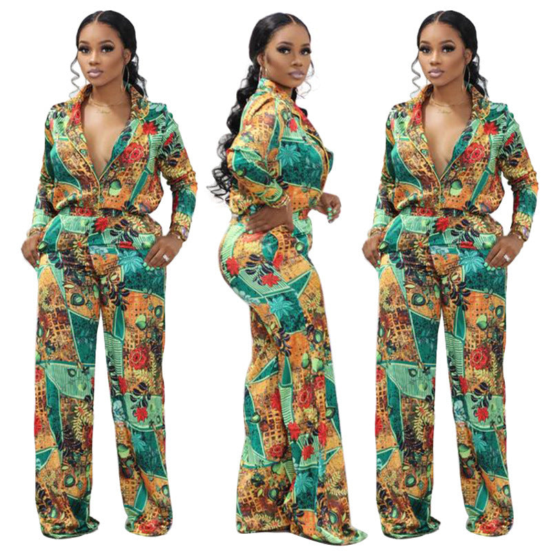 Casual Fashion Digital Printed V-neck Women's Two-piece Suit