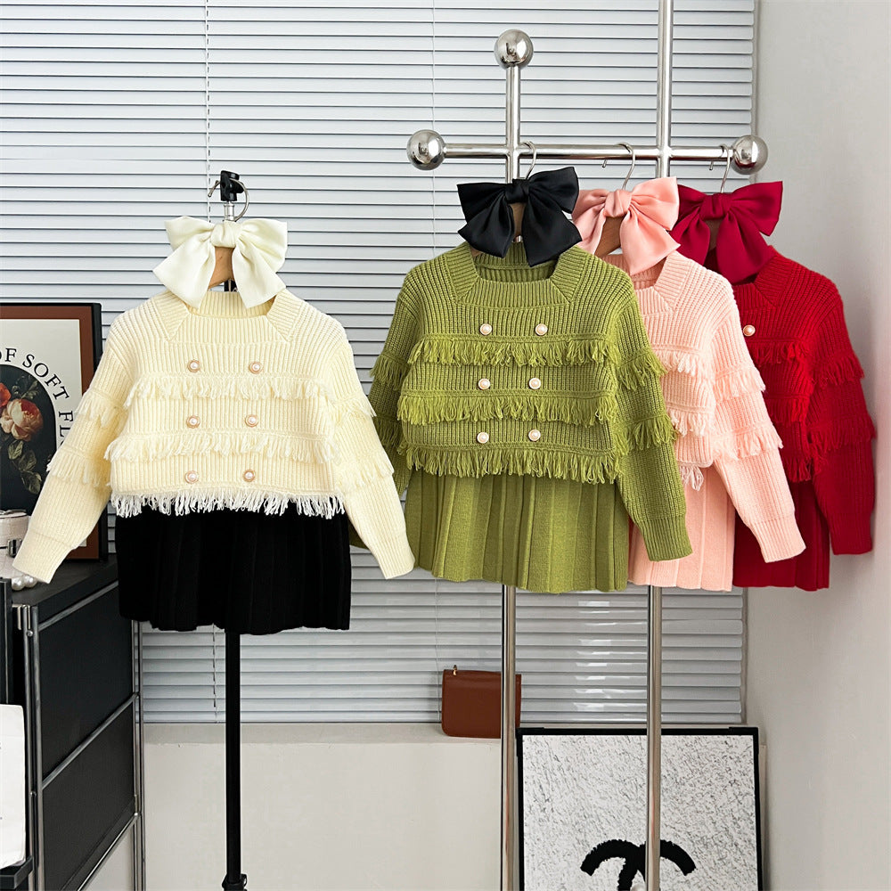 Tassel Knitted Long Sleeve Pullover Two-piece Set