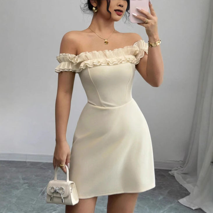 American Retro Sexy Socialite Off-neck Temperament Adult Lady Like Woman Design Sense Hip-wrapped Short Dress