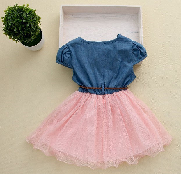 Denim Half-sleeve Stitching Mesh Skirt