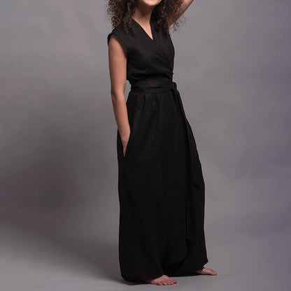 Summer V-neck Wide Leg Solid Color Straight Jumpsuit For Women