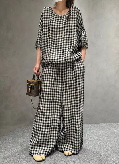 Half Sleeve Linen Plaid Round Neck T-shirt Wide Leg Pants