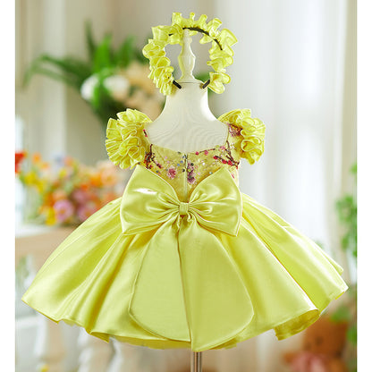 Yellow Flying Sleeves Heavy Industry Umbrella Princess Dress Little Girl's Birthday Dress