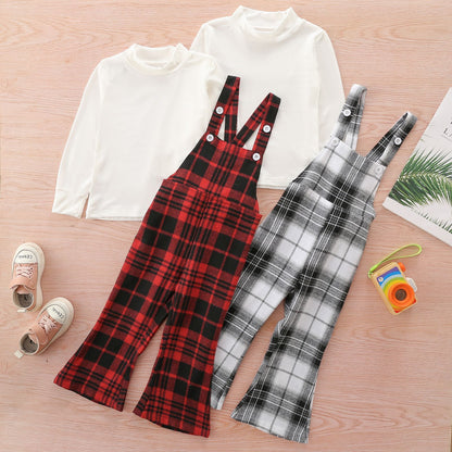 Two Piece Set Of Round Neck Top Plaid Suspender Trousers