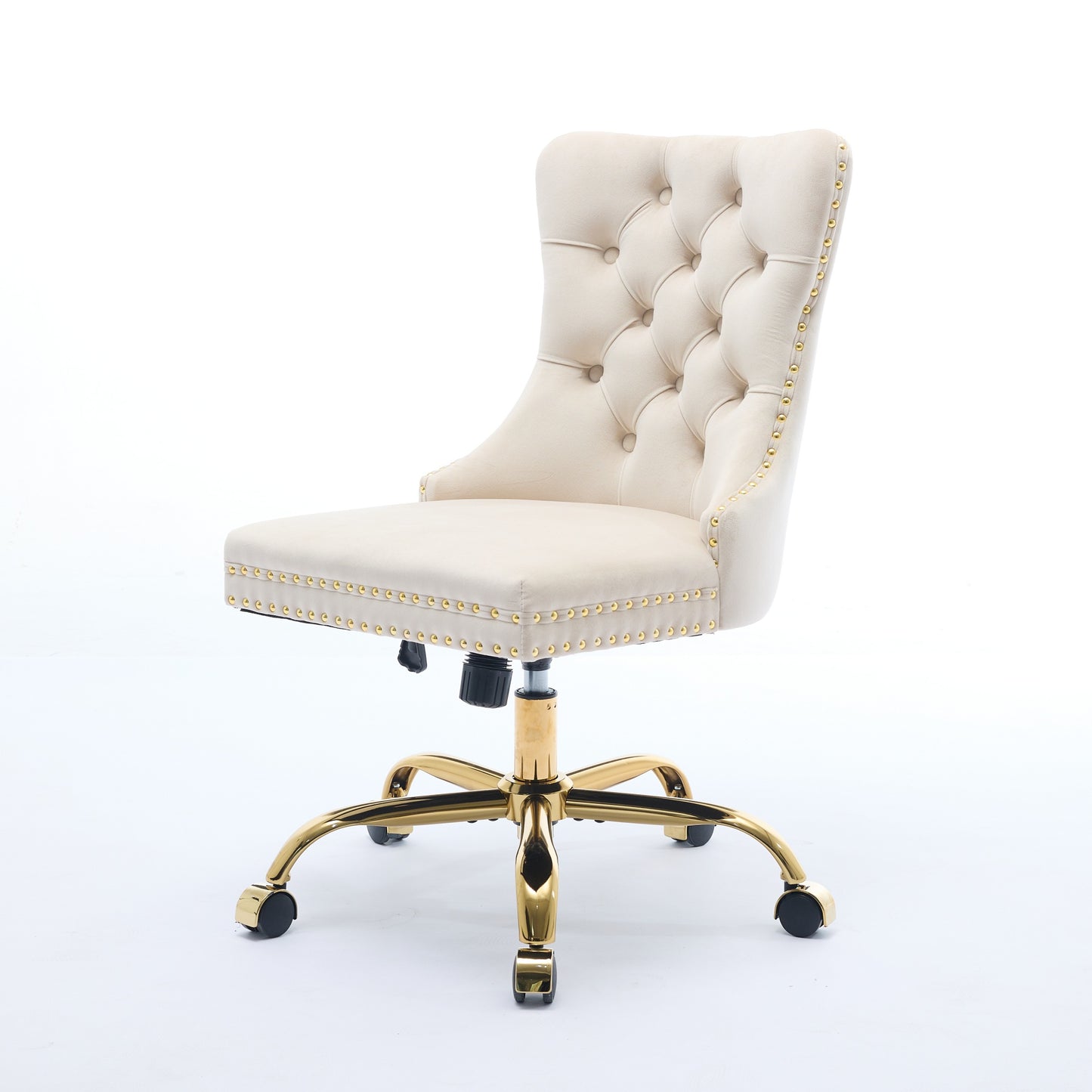A&A Furniture Office Chair,Modern Velvet Upholstered Tufted Button Home Office Chair With Golden Metal Base,Adjustable Desk Chair Swivel Office Chair Beige