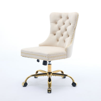 A&A Furniture Office Chair,Modern Velvet Upholstered Tufted Button Home Office Chair With Golden Metal Base,Adjustable Desk Chair Swivel Office Chair Beige
