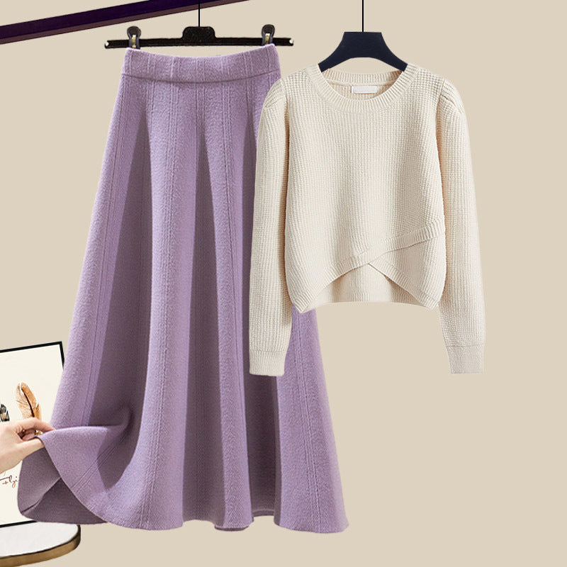 Irregular Gentle Style Knitted Sweater Skirt Suit