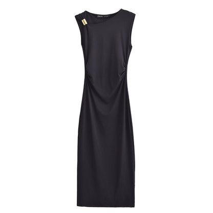 Women's High-grade Satin Sleeveless Pleated Dress