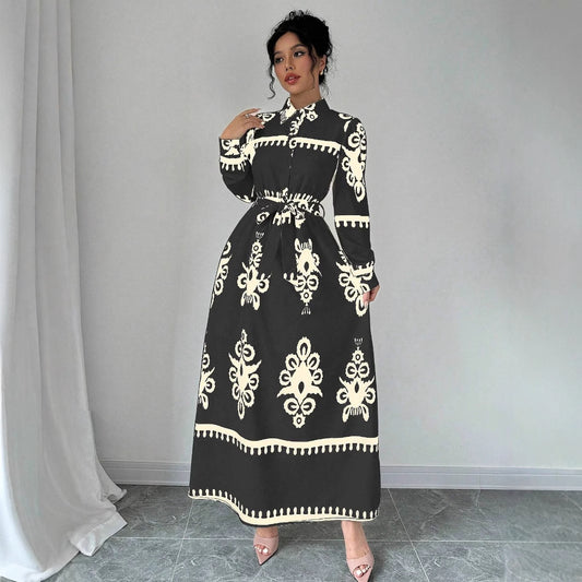 Printed Lace Up European And American Elegant Dress