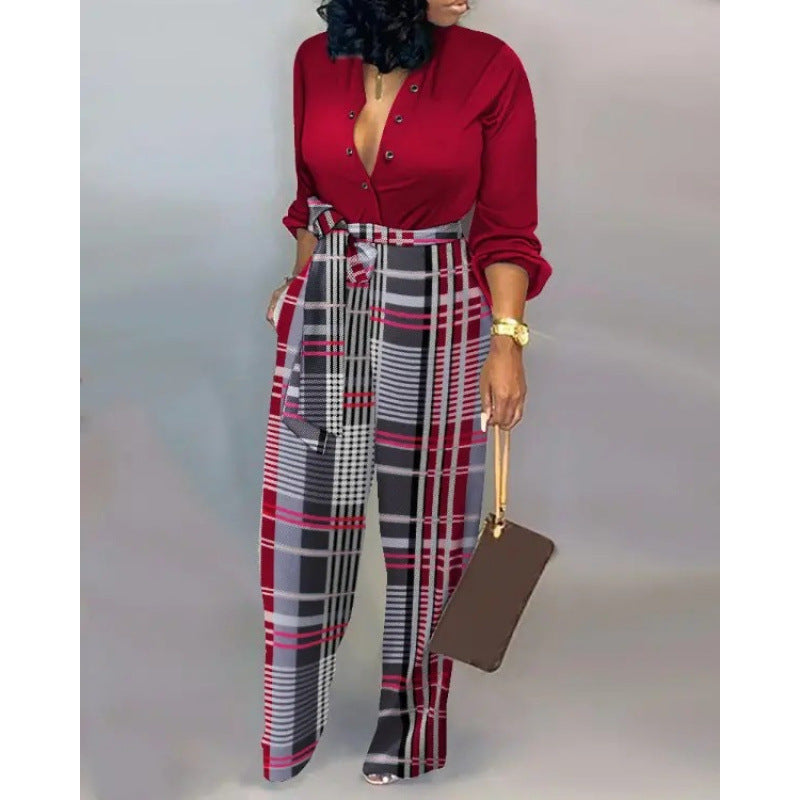 European And American Printed Button Loose Long Sleeve Tied High Waist Casual Straight-leg Jumpsuit