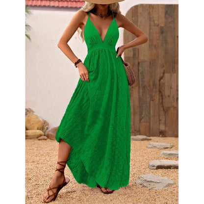 Vacation Style Solid Color Deep V-neck Spaghetti Strap Dress