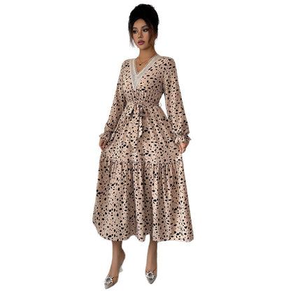 Elegant Polka-dot Self-tie Long Sleeve Dress For Women