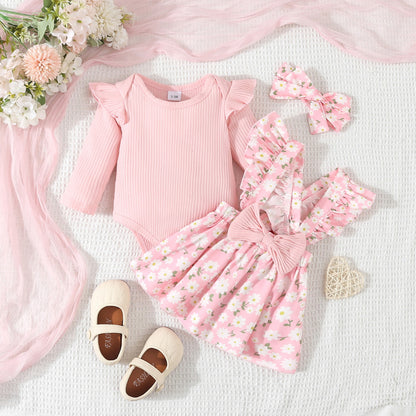 Cross-border Foreign Trade Infant European And American Pastoral Style Simple 3-piece Romper Bow Floral Suspender Skirt