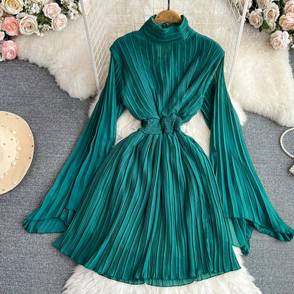 Horn Long Sleeves Stand Collar Waist A-line Chiffon Dress