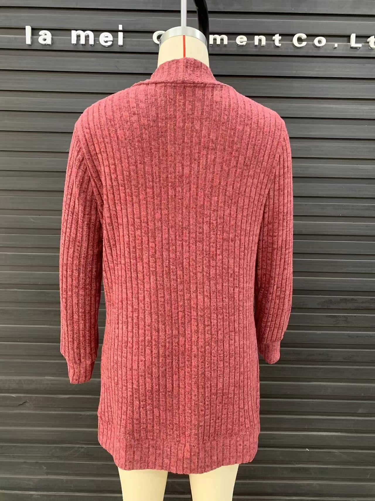 Autumn Solid Color Sunken Stripe Brushed Stitching Long Sleeve Cardigan Jacket