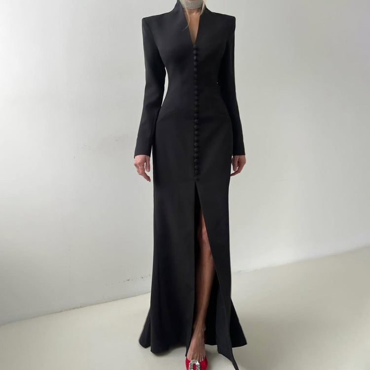 V-neck Long Sleeve High Waist Slit French Dress