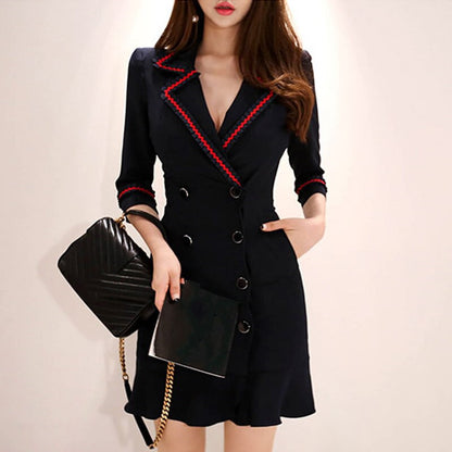 Double-breasted slim fit suit collar bag hip dress women