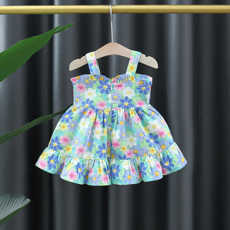 Girls' Printed Big Bow Suspender Dress