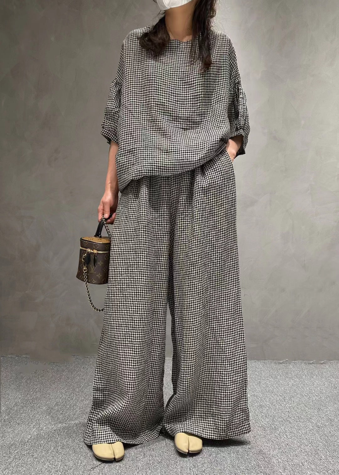 Half Sleeve Linen Plaid Round Neck T-shirt Wide Leg Pants