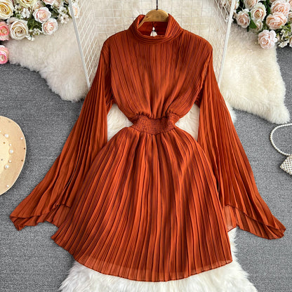Horn Long Sleeves Stand Collar Waist A-line Chiffon Dress