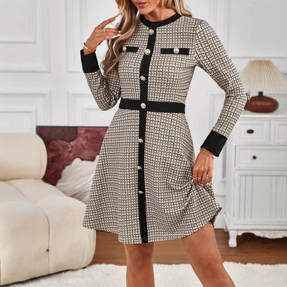 Knitted Houndstooth Button-up Long Sleeve Dress