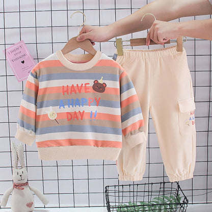Baby Color Stripes Cartoon Bear Long Sleeve Two-piece Set