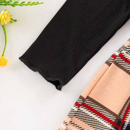 Two Piece Black Long Sleeve Top Checkered Skirt