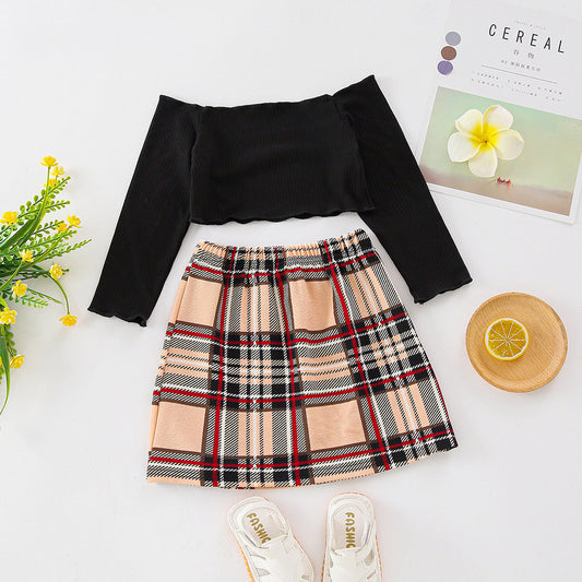 Two Piece Black Long Sleeve Top Checkered Skirt