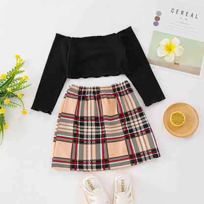 Two Piece Black Long Sleeve Top Checkered Skirt