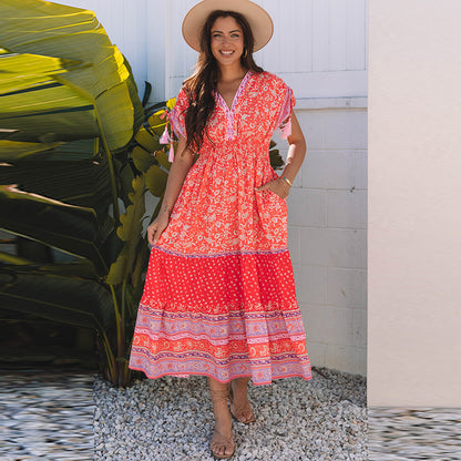 Women's High Waist A- Line Floral Printed V-neck Dress