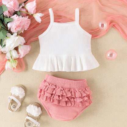 Girls' Fashion Solid Color Suspender Top Triangle Bottom-covering Shorts Two-piece Set