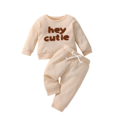 Waffle Solid Color Letter Long Sleeve Top Trousers Suit