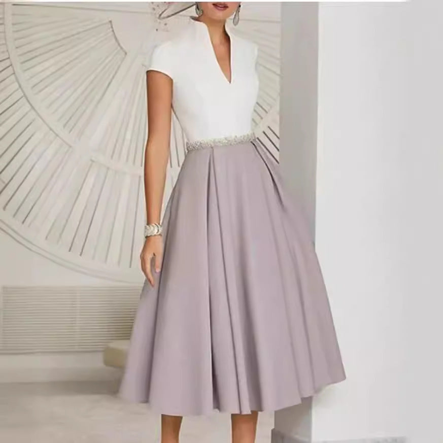 Women's A- Line White Color-block V Neck Large Swing Dress