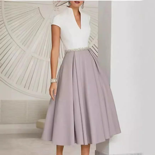 Women's A- Line White Color-block V Neck Large Swing Dress