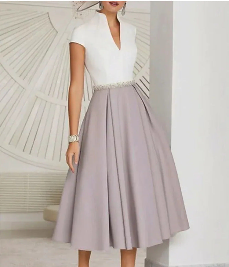 Women's A- Line White Color-block V Neck Large Swing Dress