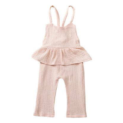 Girls Fashion Solid Color Cotton Lace-up Jumpsuit