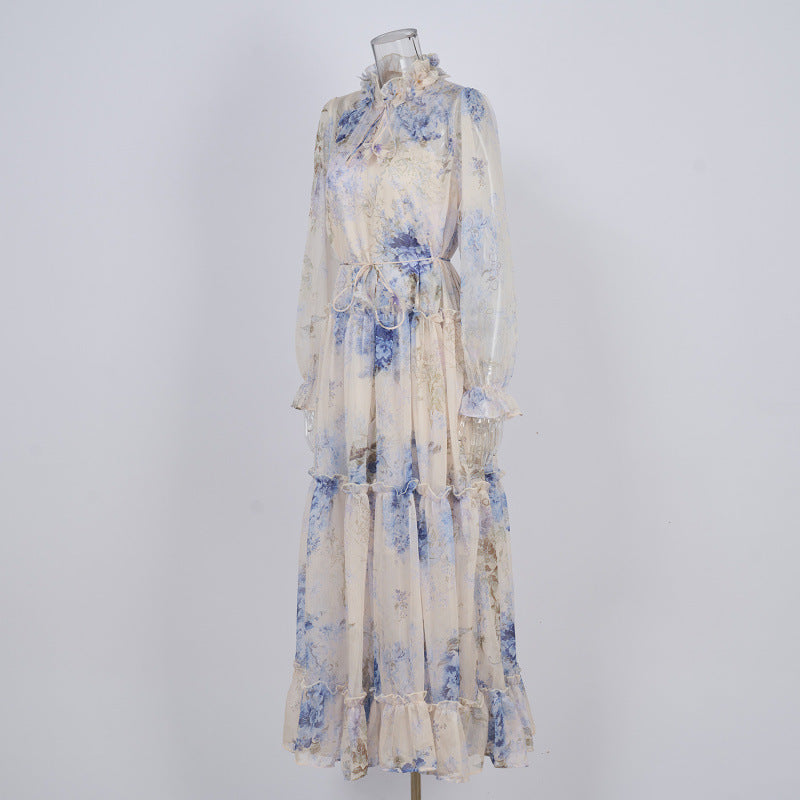 Niche Lilac Purple Lace-up Waist-controlled Long Sleeves Elegant Silk Crepe Dress