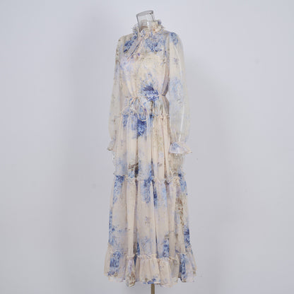 Niche Lilac Purple Lace-up Waist-controlled Long Sleeves Elegant Silk Crepe Dress