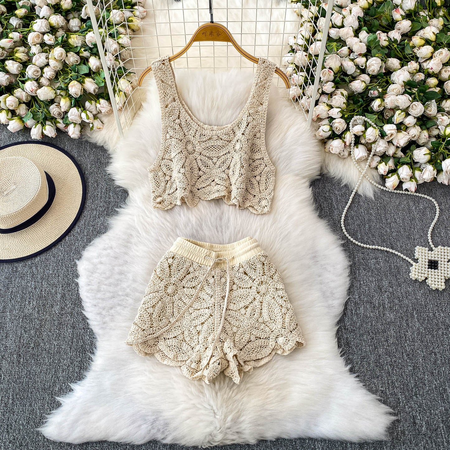 Women's Weaving Hollow Short Vest Shorts Set