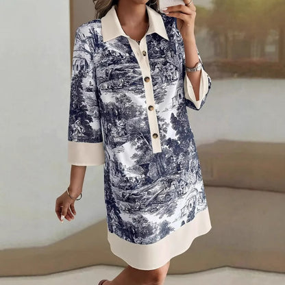 Autumn Half-sleeve Printed Loose And Elegant Shirt Dress